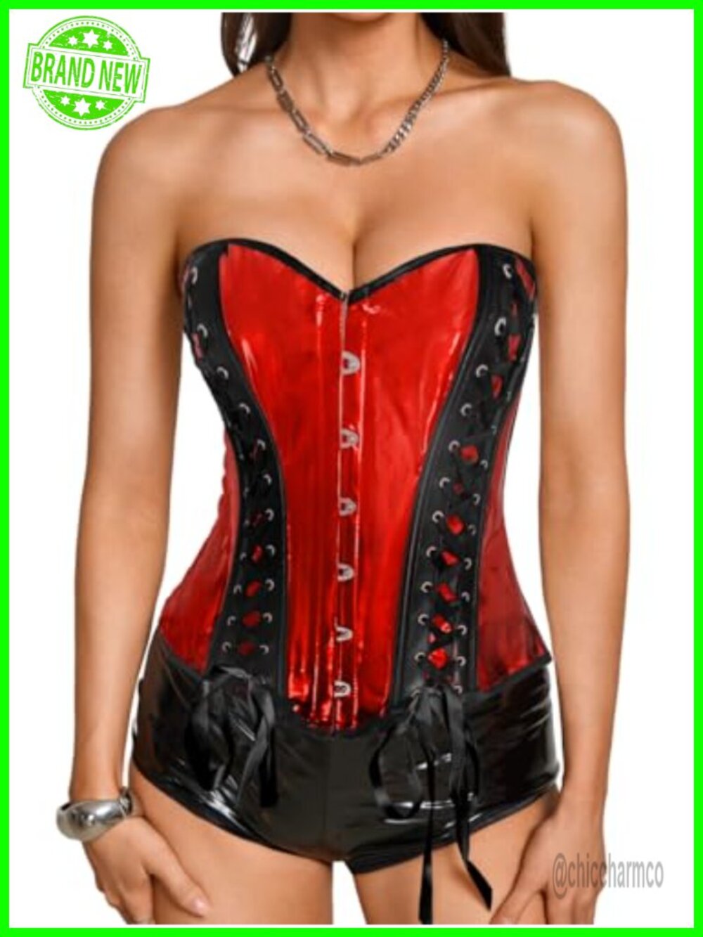 Reflective PU Patent Leather Corset Top 14 Boning Lace-Up Rave Club